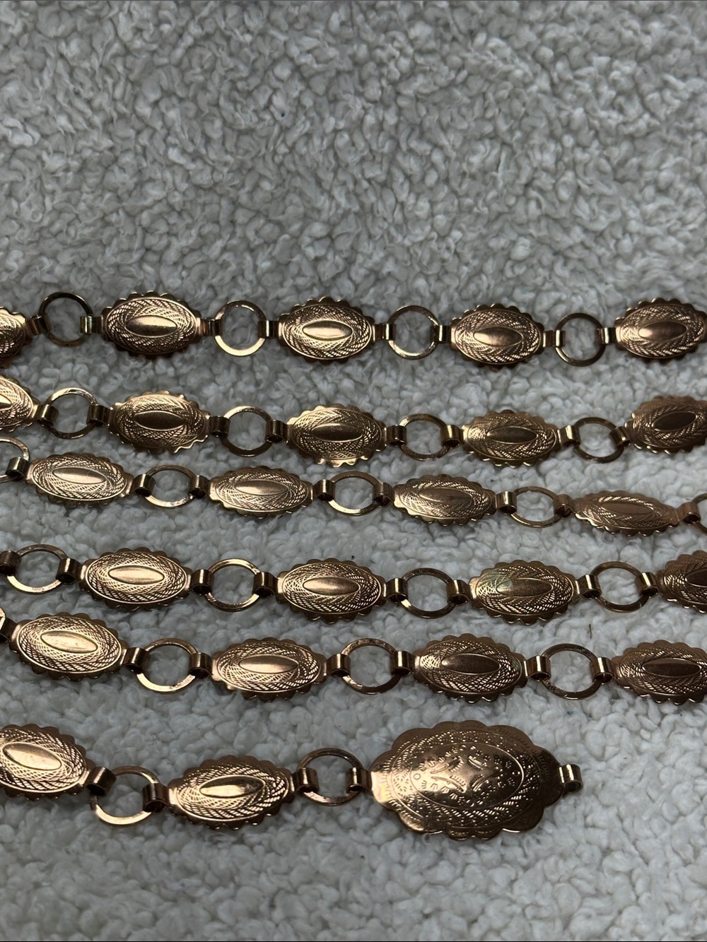 Copper Tone Metal Adjustable Stamped Small Oval Concho Style Link Chain Belt 56”